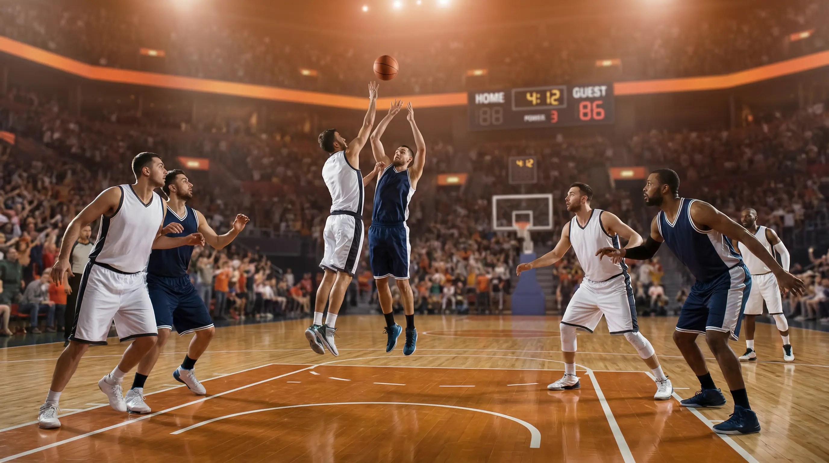 Cancha de baloncesto NBA con marcador y tipos de apuestas deportivas